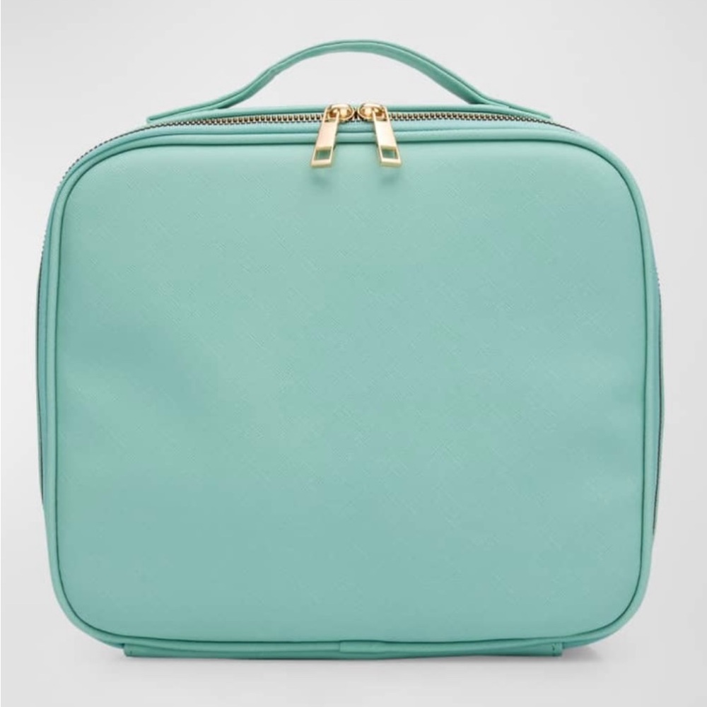 NWOT Neiman Marcus Makeup Bag Train Zip Case Cosmetic Faux Leather - Teal